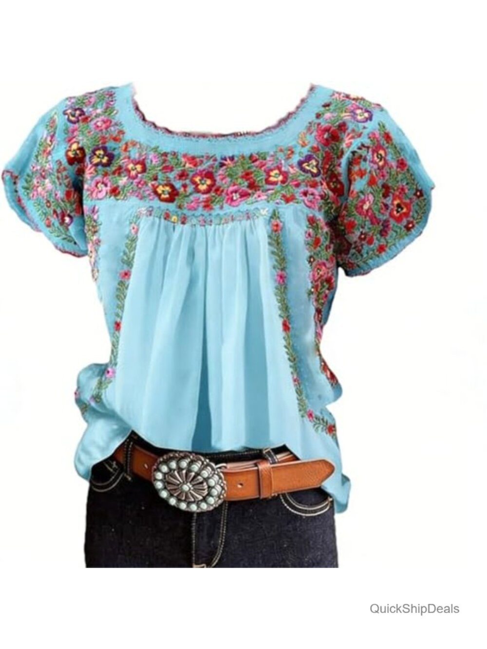 Mexican Floral Embroidered Peasant Blouse Short Sleeve Pleated Crew Neck Loose